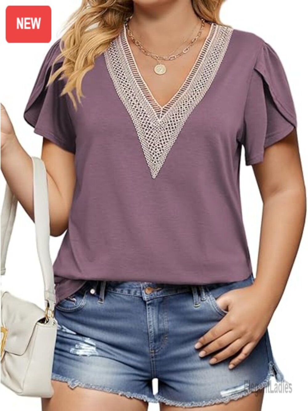 Plus Size Lace Trim V Neck Short Sleeve Tunic Blouse Top